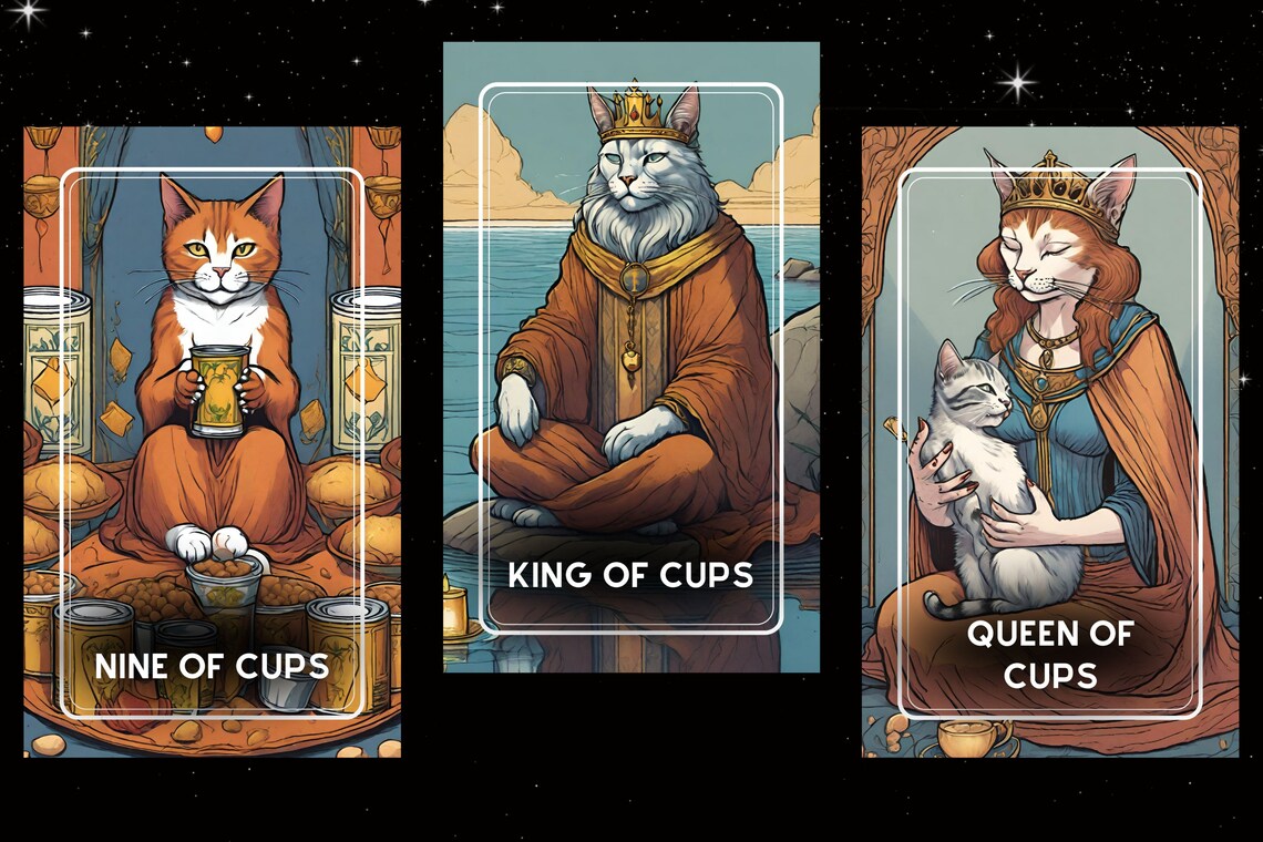 Mystic Paws Cat Tarot Cards - Nine of Cups King of Cups Queen of Cups