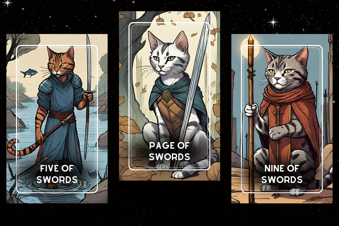 Mystic Paws Cat Tarot Cards - Five of Swords Page of Swords Nine of Swords
