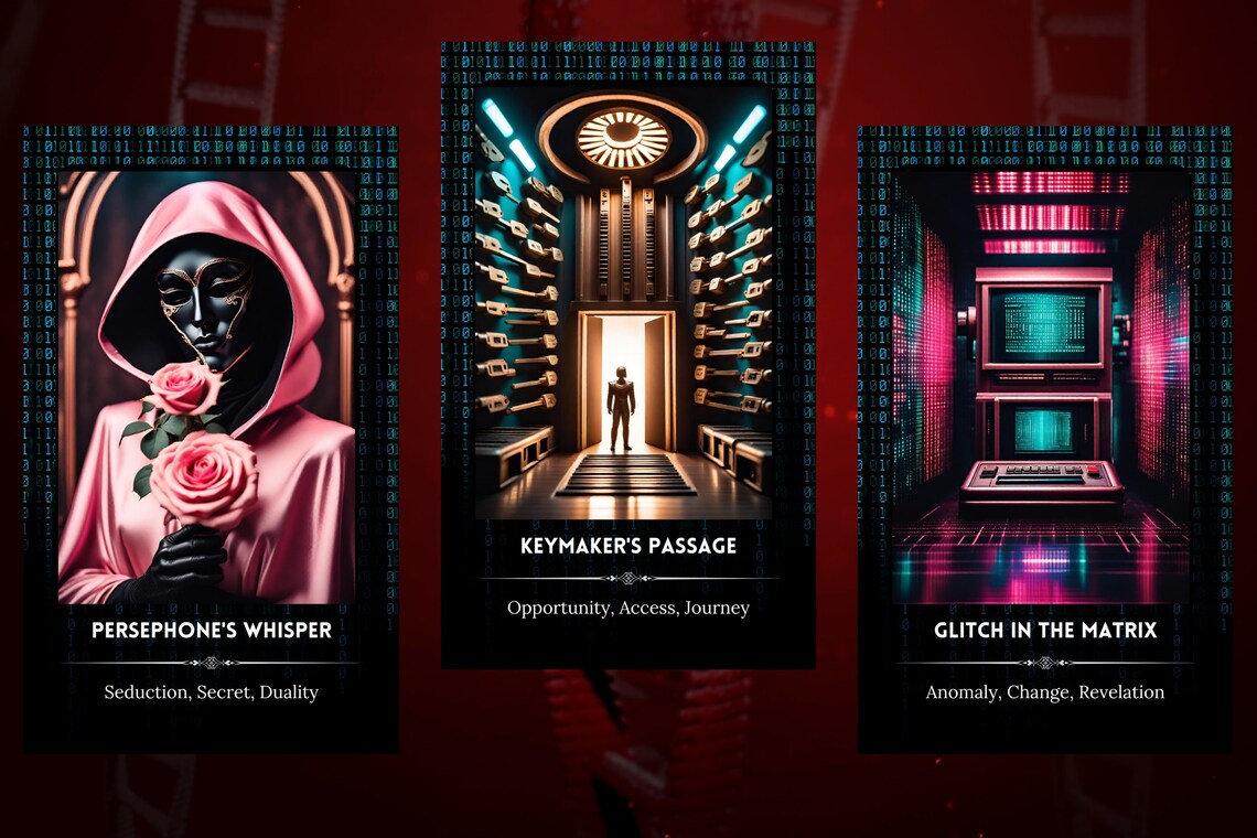 Neon Code Oracle Cards - Persephones Whisper Keymakers Passage Digital Glitch