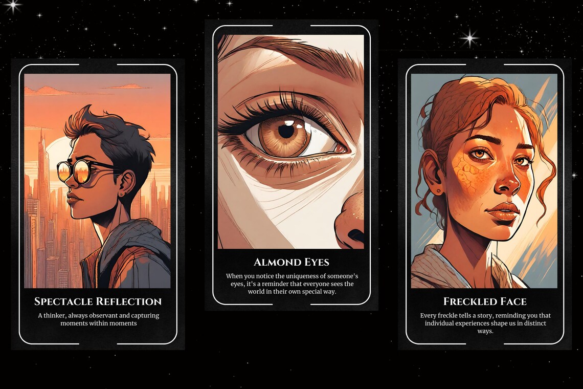 Physical Traits Oracle Cards - Spectacle Reflection Almond Eyes Freckled Face