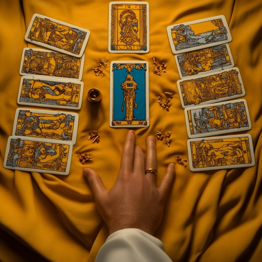 Hand reaching toward antique tarot cards arranged on golden cloth for a Celtic Cross reading