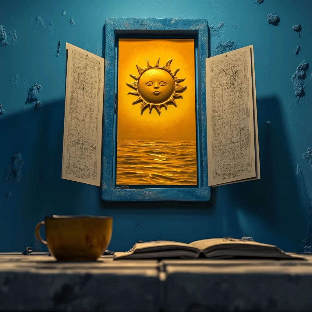 Antique tarot card opening onto a golden sunrise above a morning journal and cup