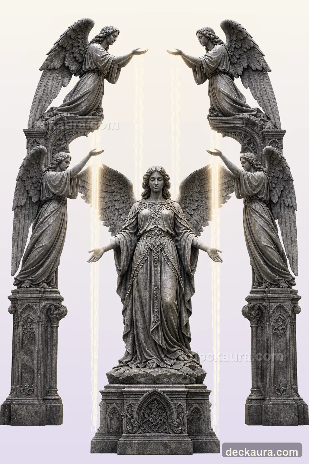 Three monumental stone angels forming an open celestial gateway