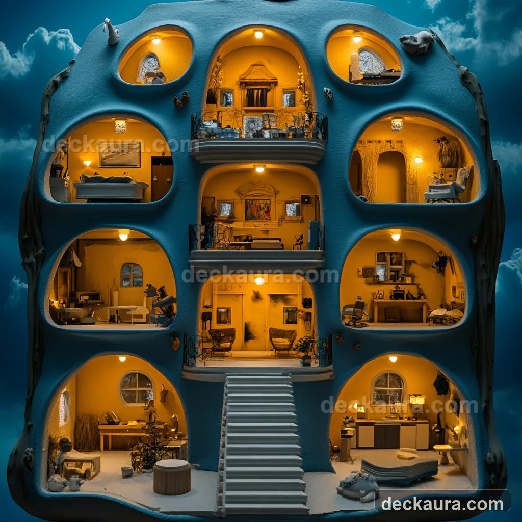 A cutaway blue house reveals many interconnected rooms glowing with different activities