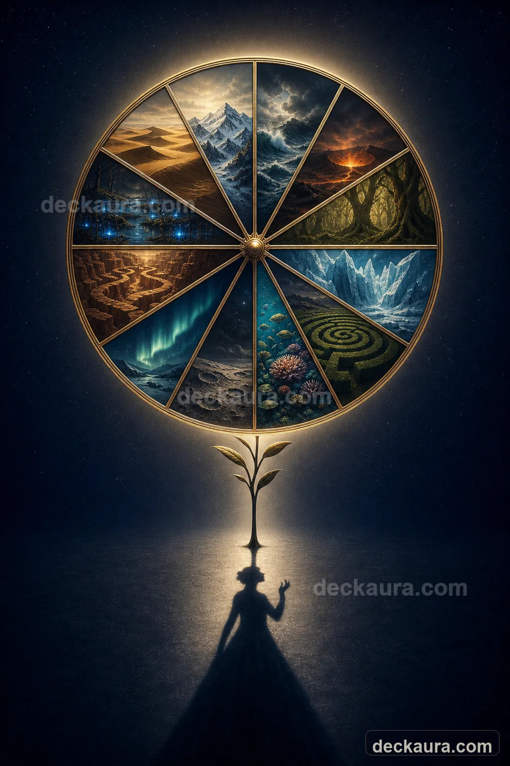 An astrological wheel divided into twelve golden sectors, each containing a different symbolic landscape