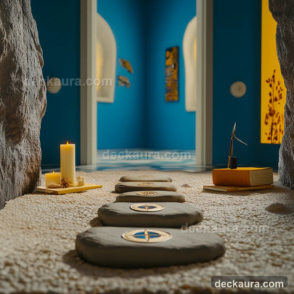 A path of compass stones leads between two candles toward an open blue doorway