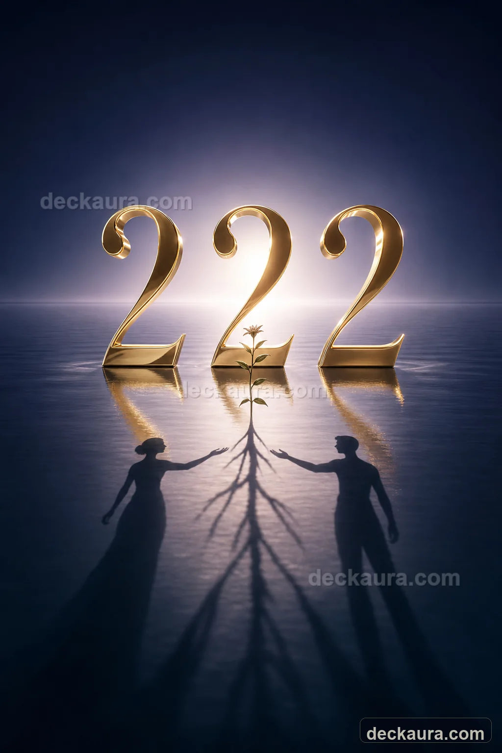 Three monumental golden twos rise above two reflected figures and one flowering plant