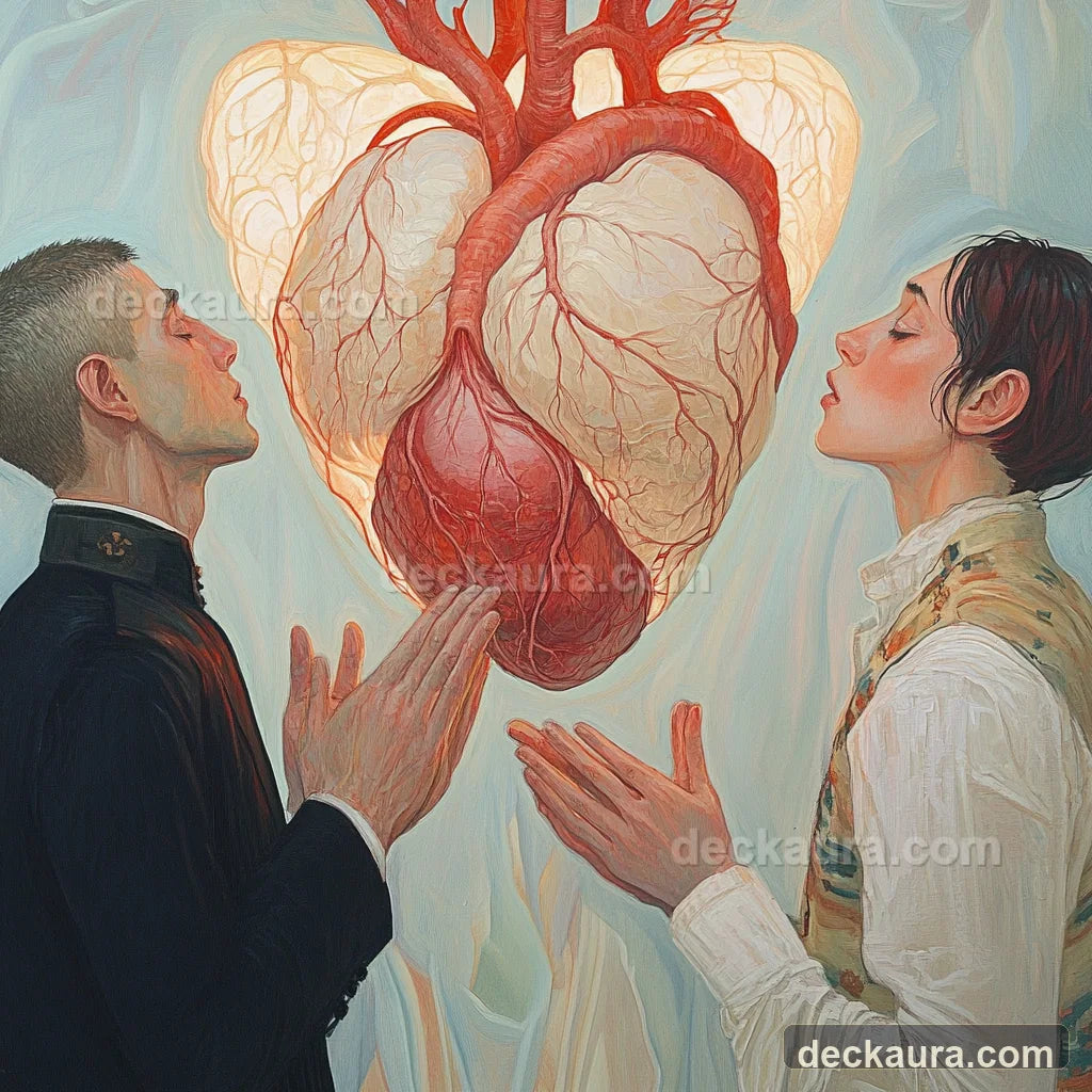 Two people reach toward a luminous anatomical heart with three distinct inner chambers