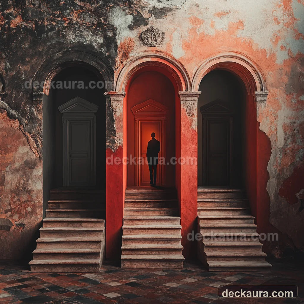 A traveler chooses one illuminated doorway between dark architectural passages