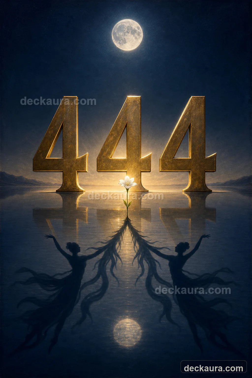 Three monumental golden fours stand above a protected traveler beside a moonlit lake