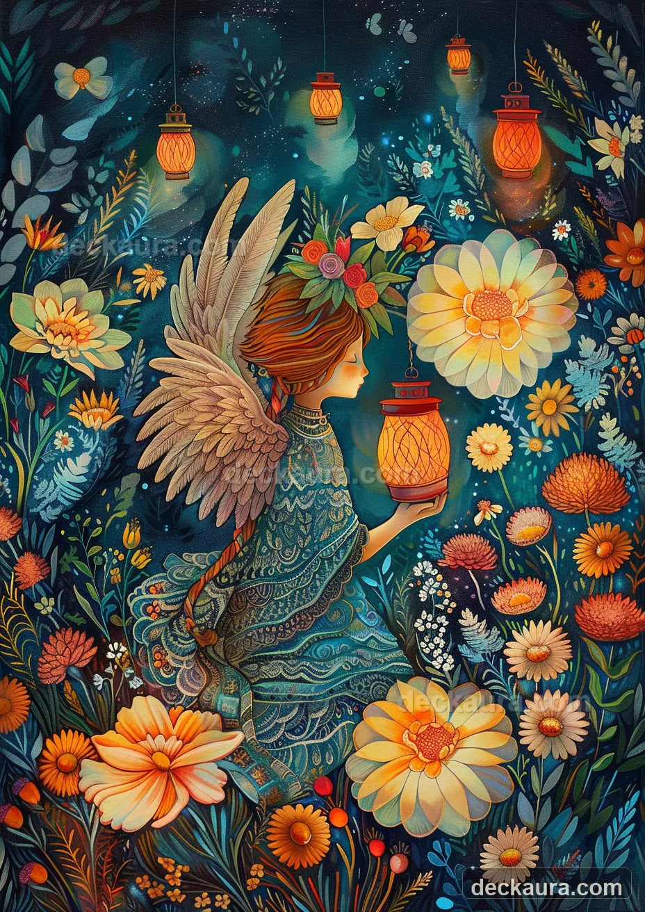 A winged guardian carries a glowing lantern through a nocturnal garden filled with protective lights