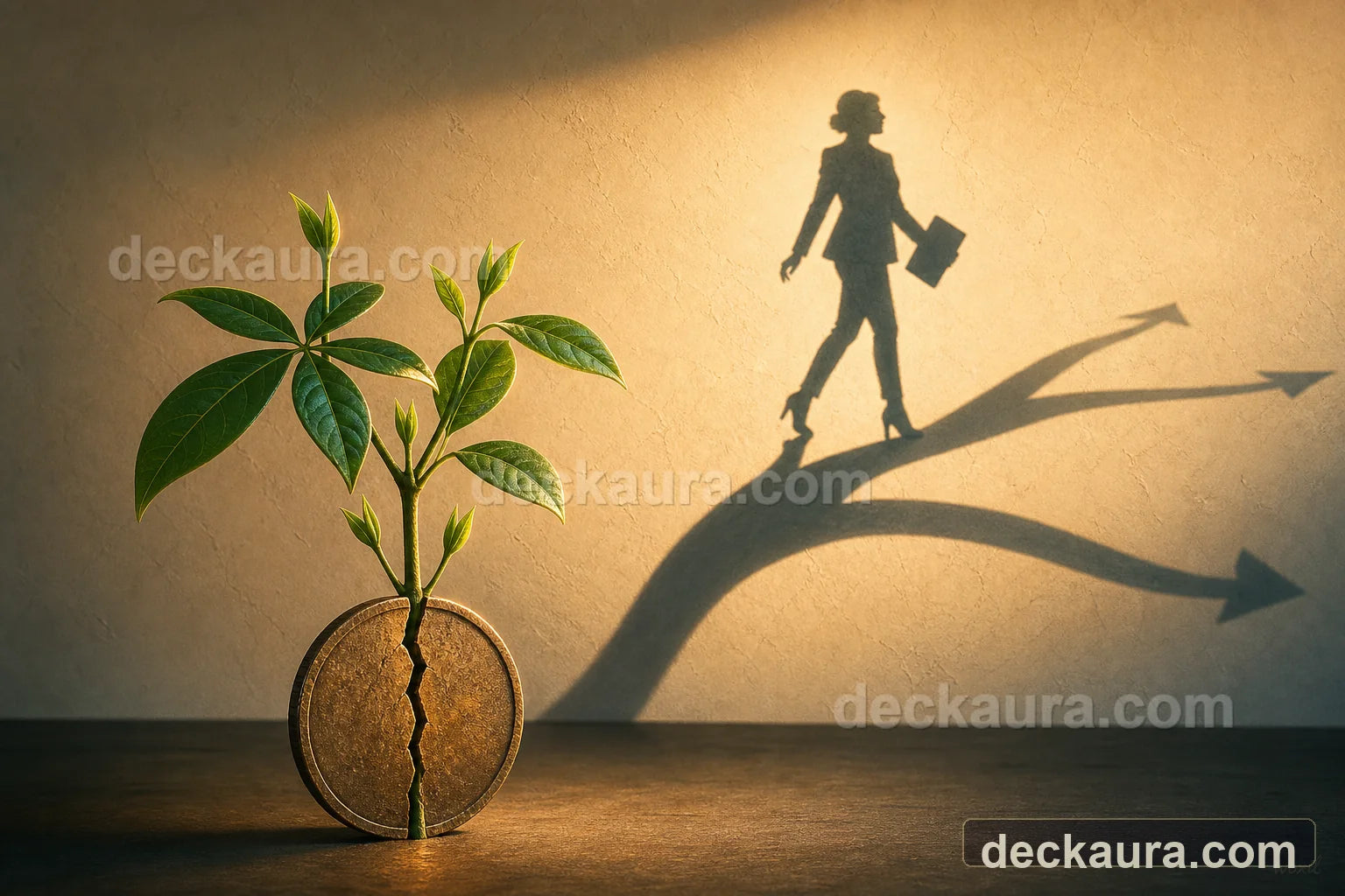 A green plant grows through a cracked bronze coin and casts the shadow of a professional choosing between two paths