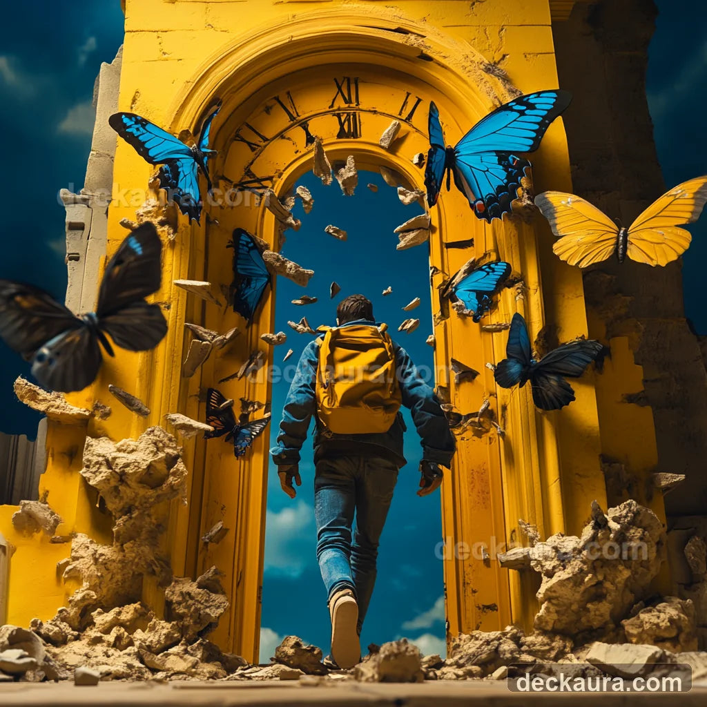 A traveler walks through a collapsing golden clock doorway while blue and gold butterflies take flight