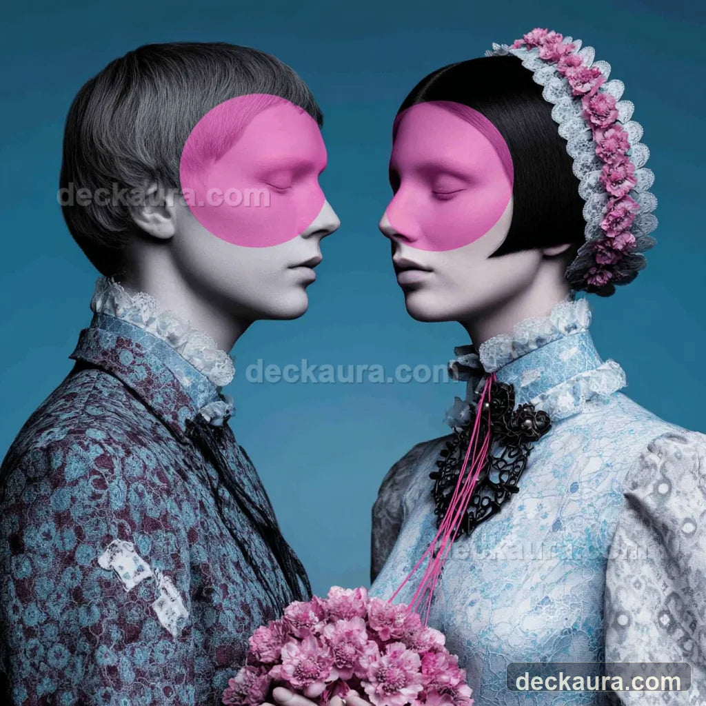 Two mirrored figures face each other with closed eyes as pink threads connect them through a bouquet