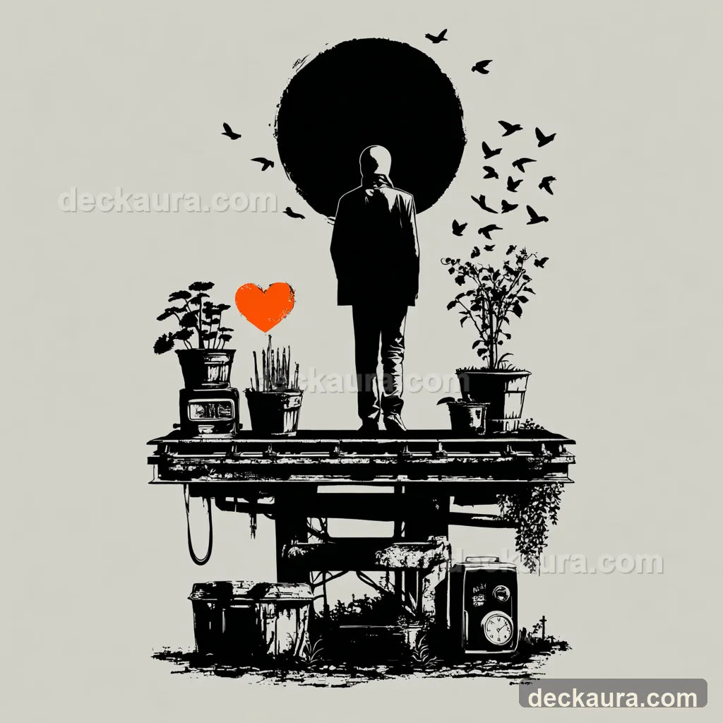 A resting figure with an orange heart lies among a clock, growing plants, a black sun and birds flying free