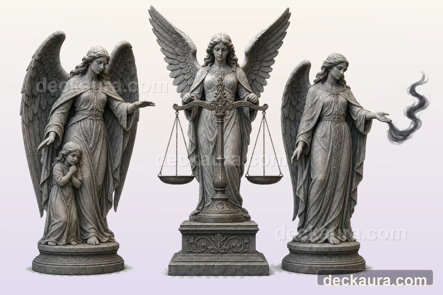 Three stone angels frame balanced scales, a protected child and a released shadow
