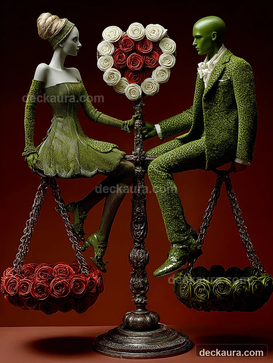 Two green figures sit on a great balance scale around a heart made of red and white roses