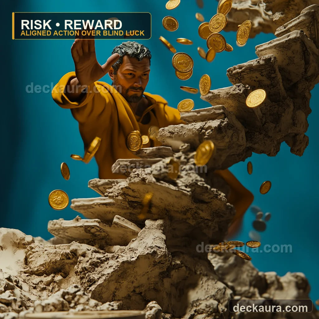 A focused climber steadies himself on a rocky ascent while gold coins fall around him