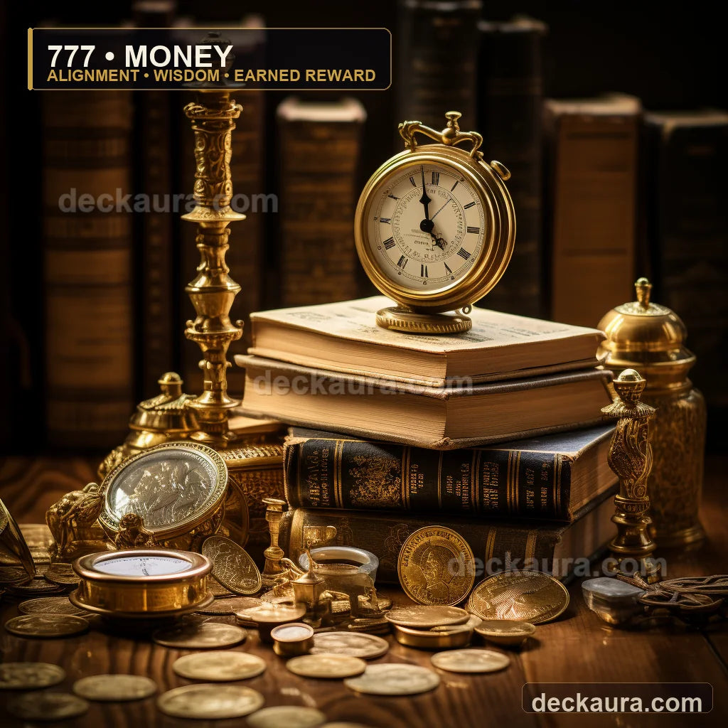 An antique gold clock, ledgers and coins form an old-money still life labeled 777 Money