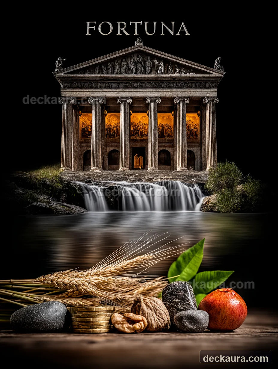 A golden-lit temple of Fortuna rises above flowing water, coins, wheat, walnuts and a pomegranate