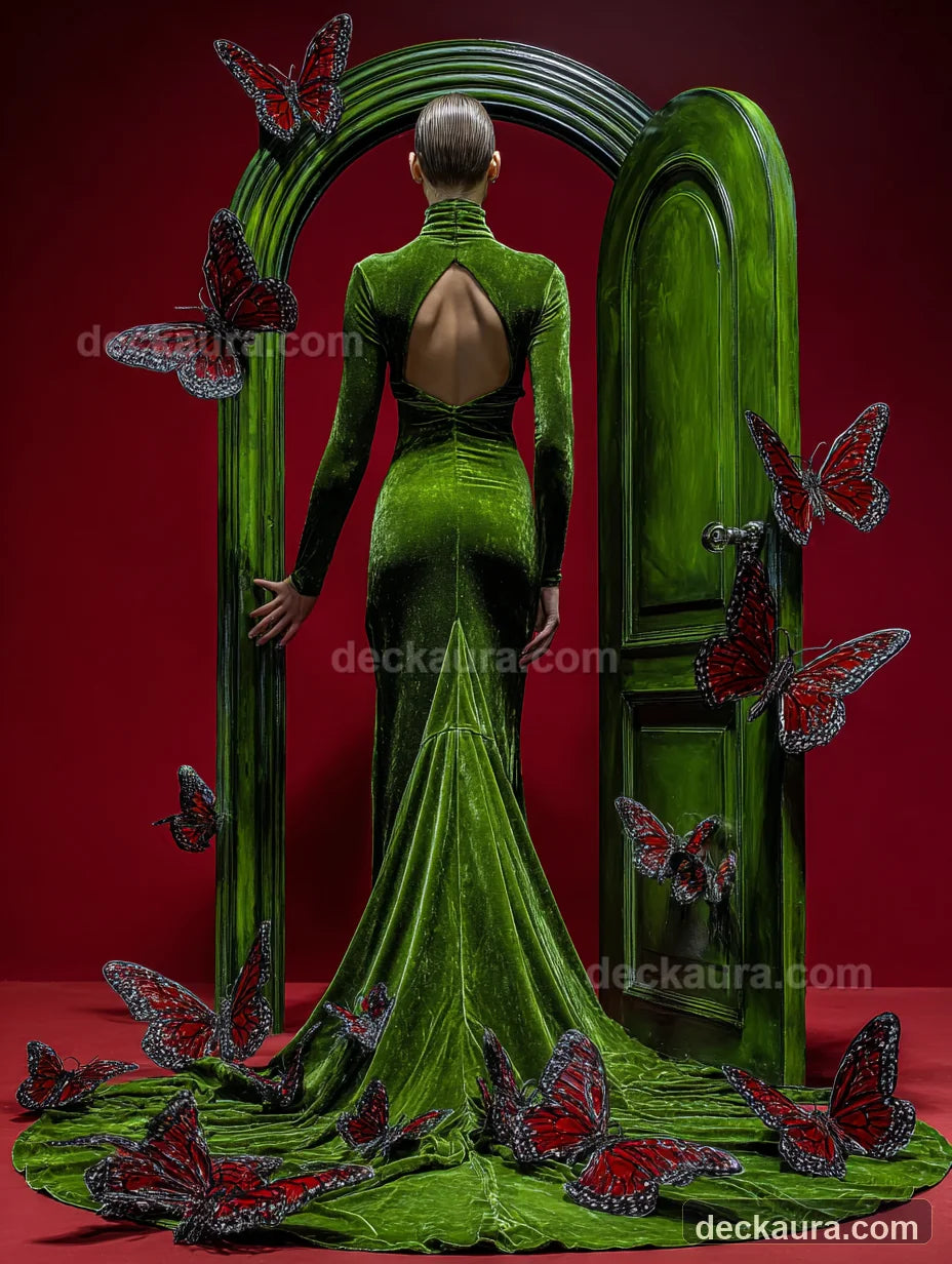 A woman in green velvet enters an arched doorway surrounded by red and black butterflies