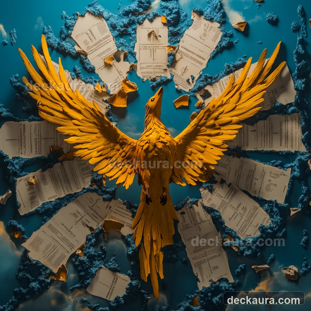 A golden phoenix rising through torn pages against a deep blue sky