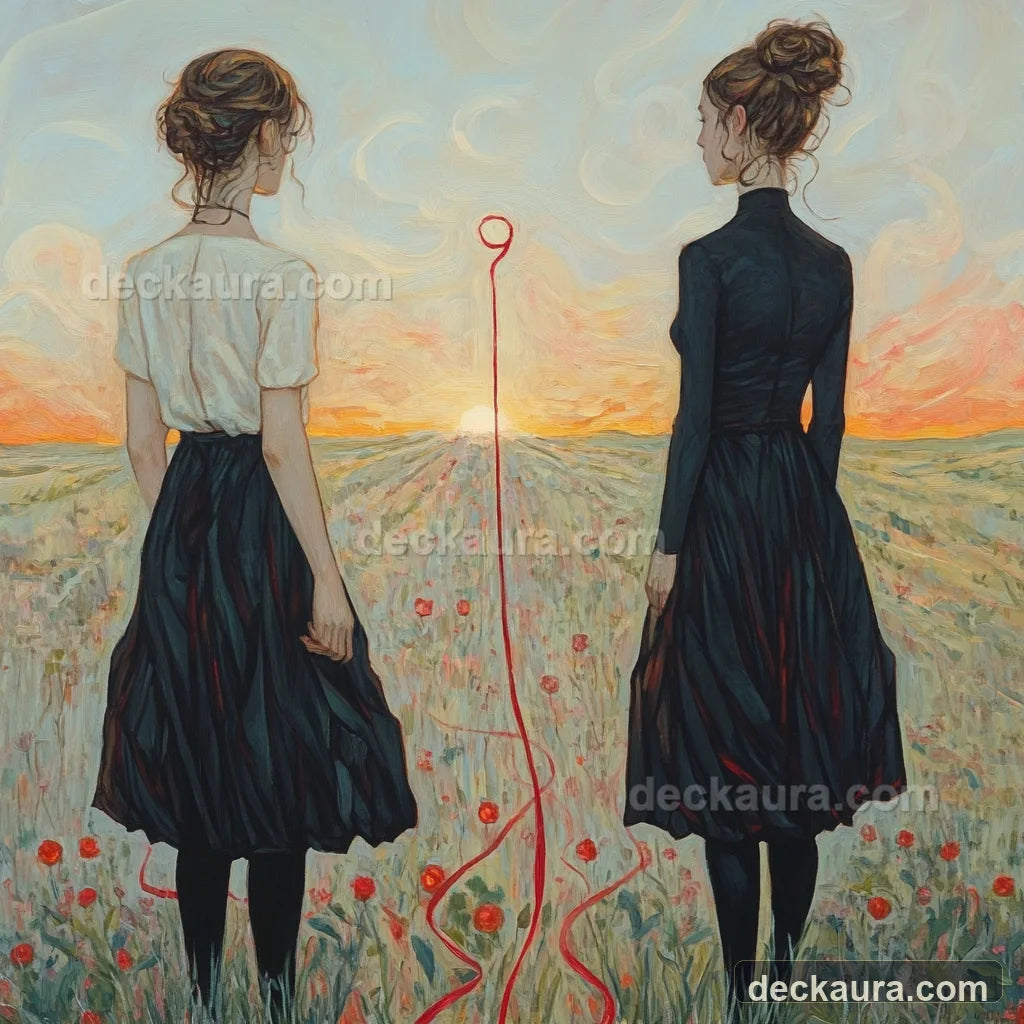 Two people releasing a red thread shaped like the number nine into a sunrise