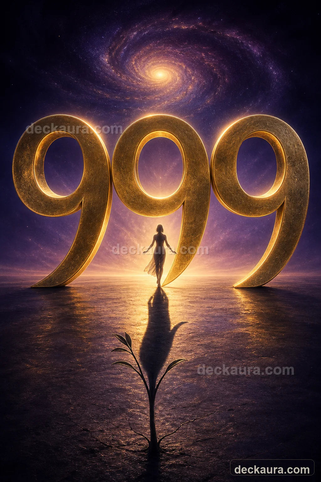Three monumental golden number nines forming a celestial 999 portal beneath a spiral galaxy