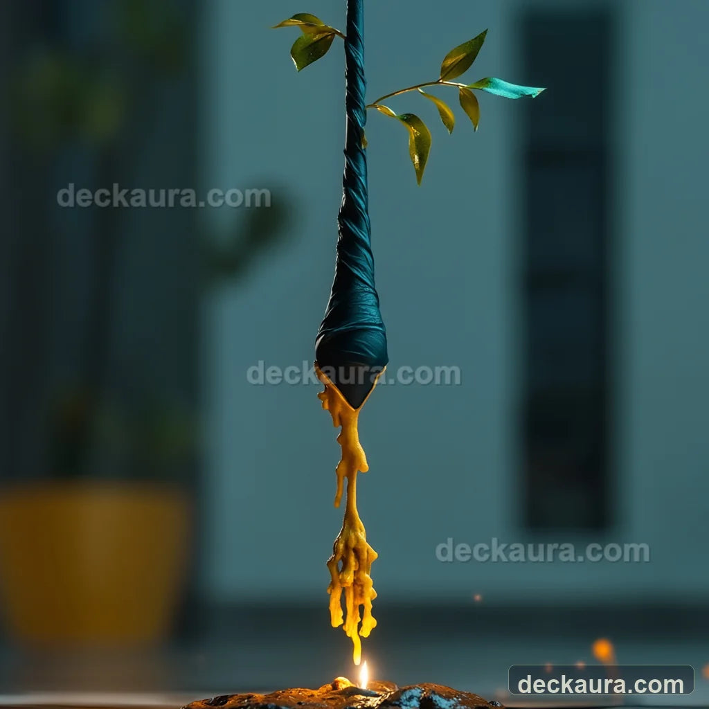 An upside-down black wand hangs above an unlit surface while green leaves grow from its upper end