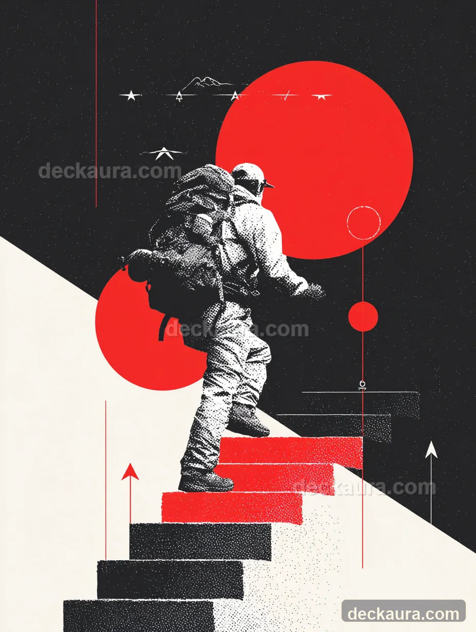 A lone traveler climbs a red and black staircase toward a radiant red celestial circle