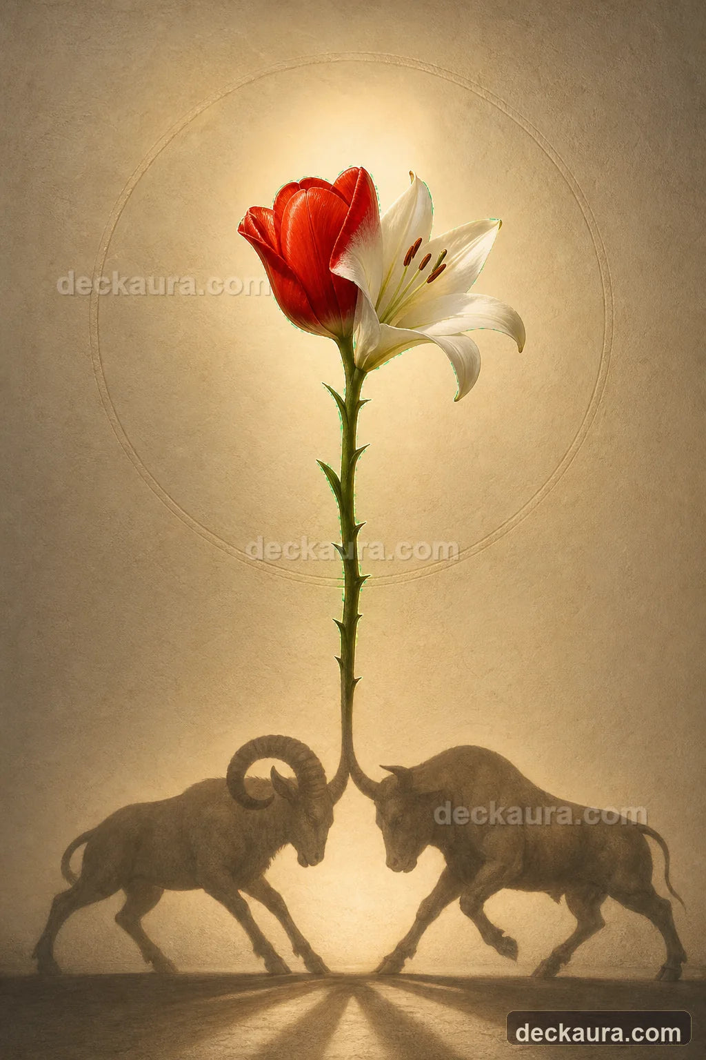 A red tulip and white lily share one stem while their shadow becomes a ram and bull meeting forehead to forehead