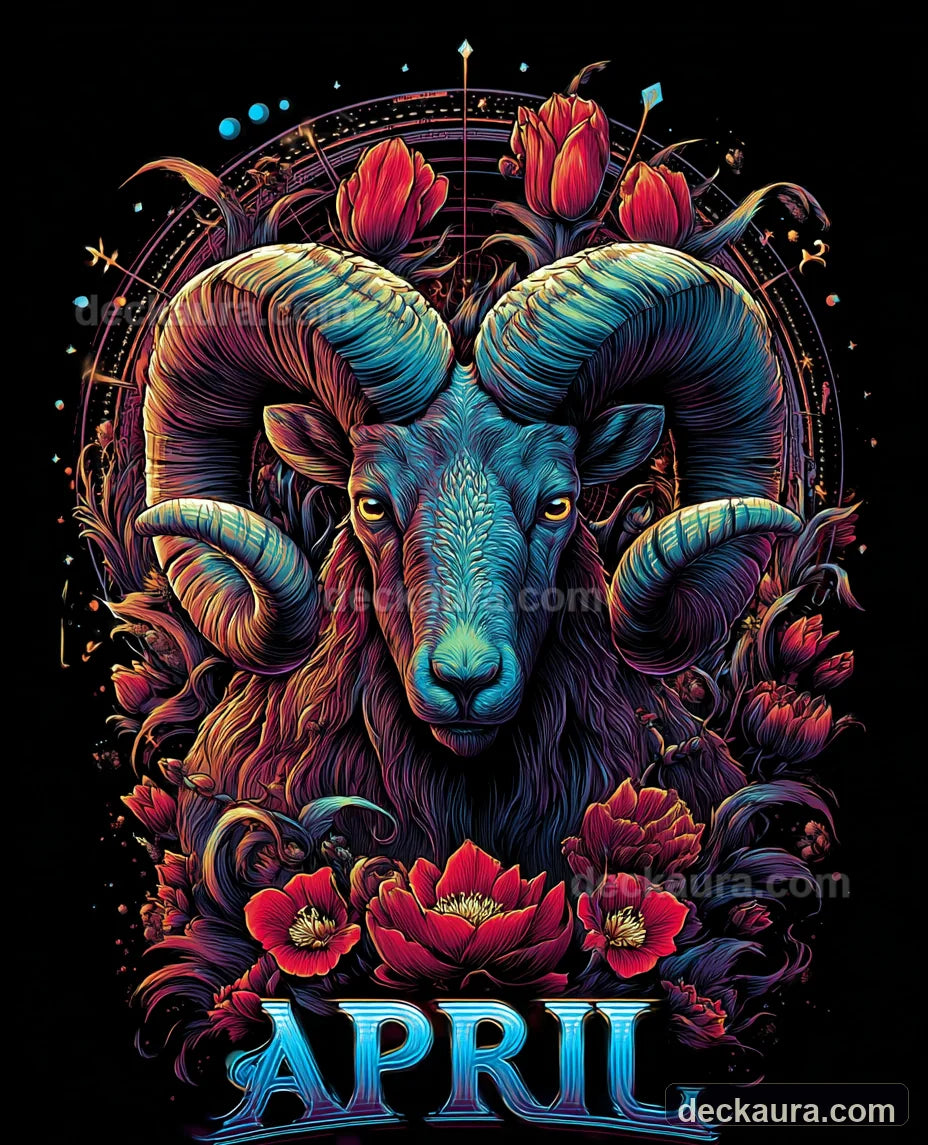 A neon blue Aries ram with immense curled horns stands among crimson spring flowers above the word April