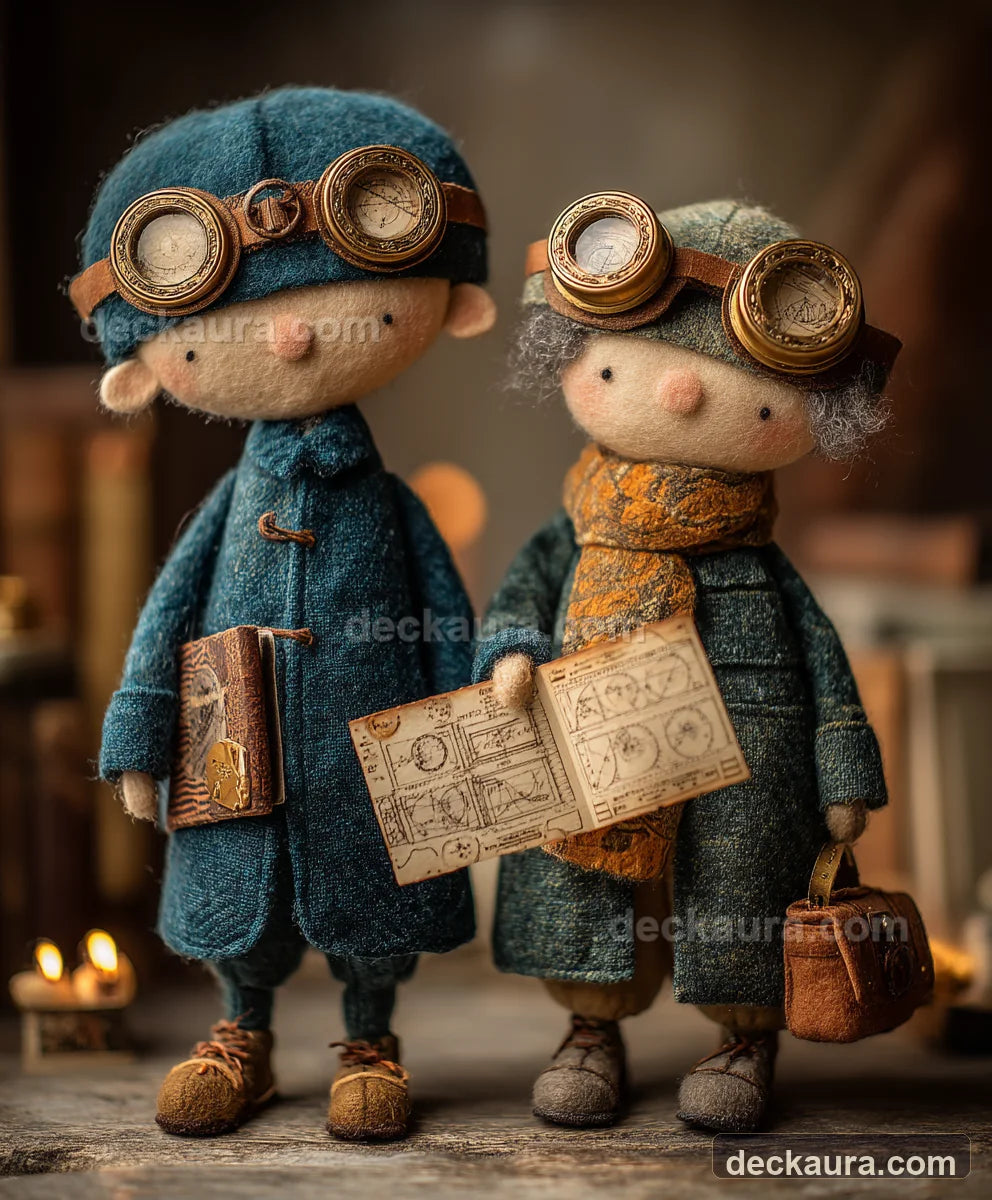Two handcrafted scholars in brass goggles compare a measured notebook with a hand-drawn celestial chart