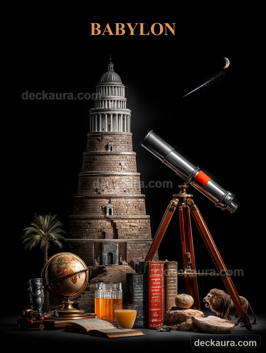 A Babylonian sky tower stands beside an antique telescope, celestial globe, books and moon beneath the word Babylon
