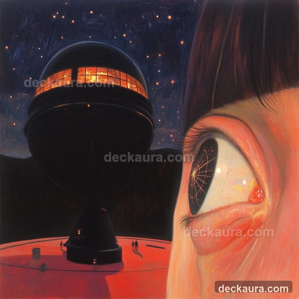 A giant observatory dome faces a human eye whose pupil contains a geometric star map