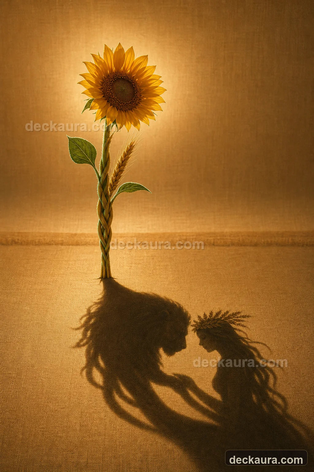 A sunflower braided with wheat casts the joined shadow of a lion and a wheat-crowned maiden