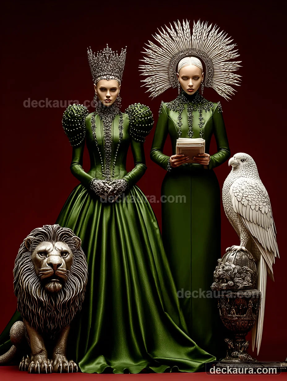 Two regal women in green couture stand beside a sculpted lion and a white bird in a dark red gallery