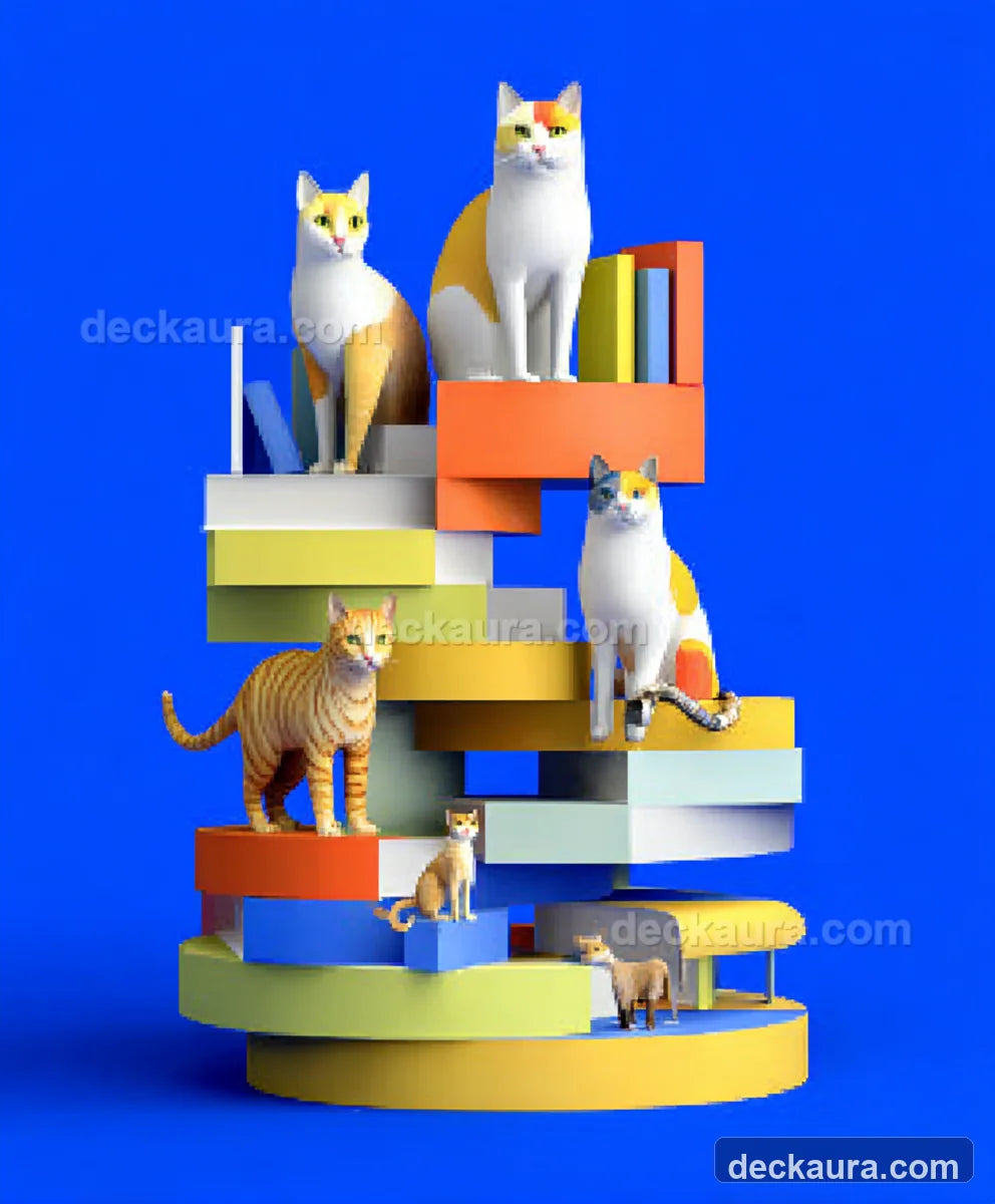 Cats at different heights climb a bright spiral staircase made from stacked books