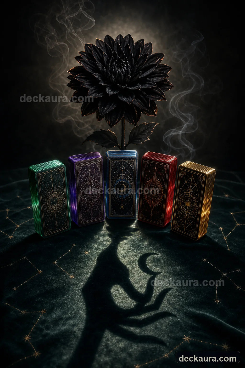 Five jewel-toned tarot decks beneath a black dahlia on a celestial velvet altar
