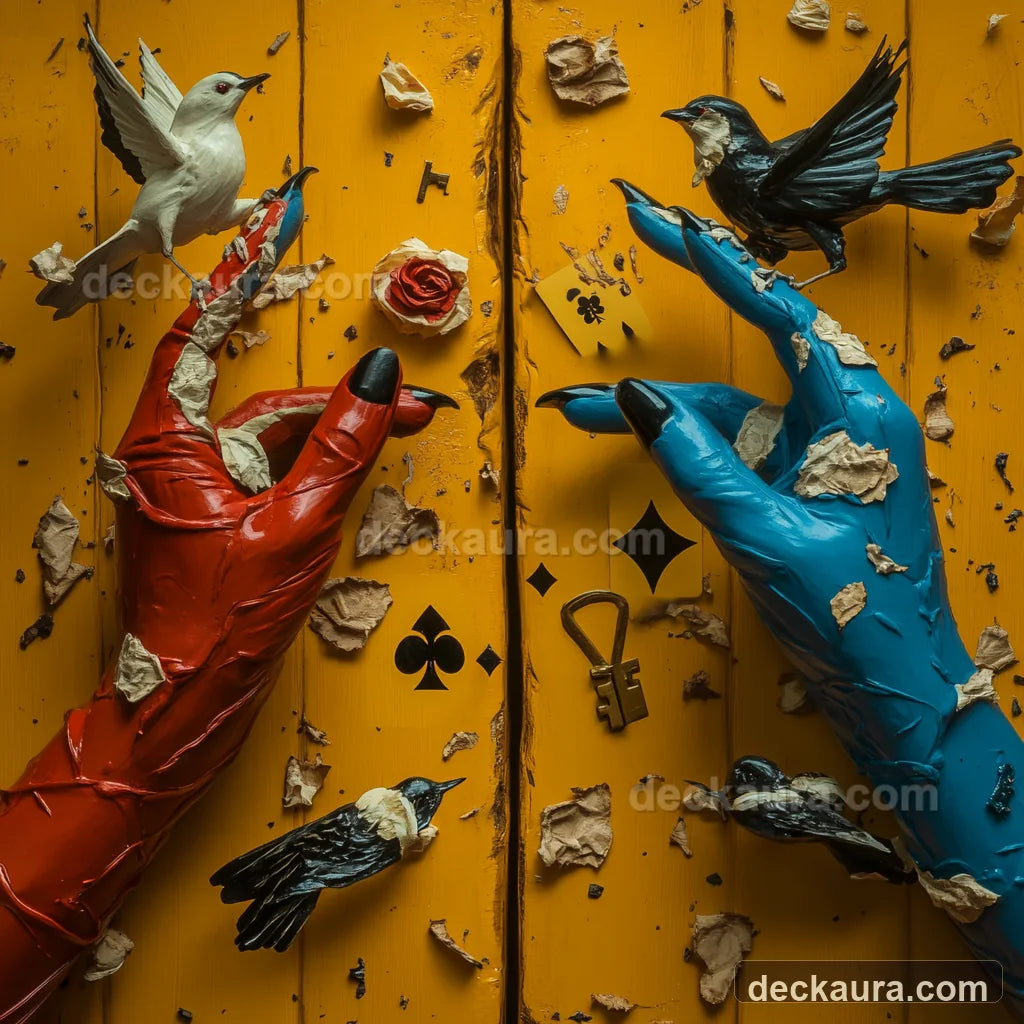 Red and blue fortune-telling hands surrounded by playing card suits, birds, a rose and a key