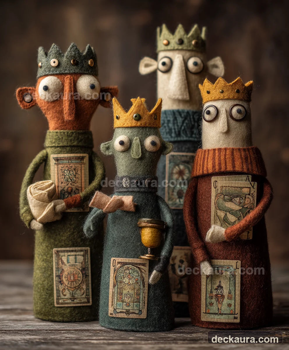 Four handcrafted felt tarot court characters represent the Page, Knight, Queen and King ranks