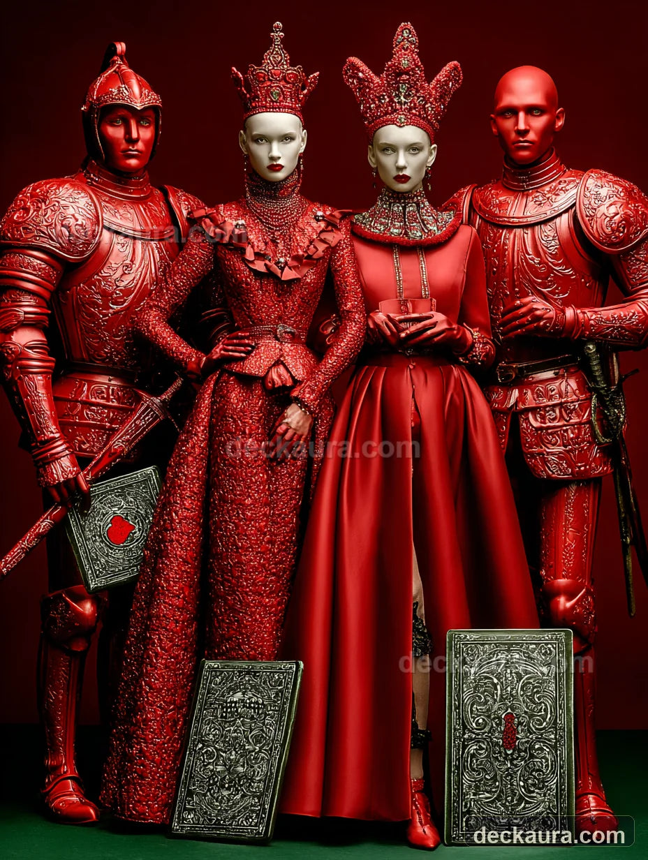 Four red-clad court figures posed with ornate tarot cards for Pages, Knights, Queens and Kings