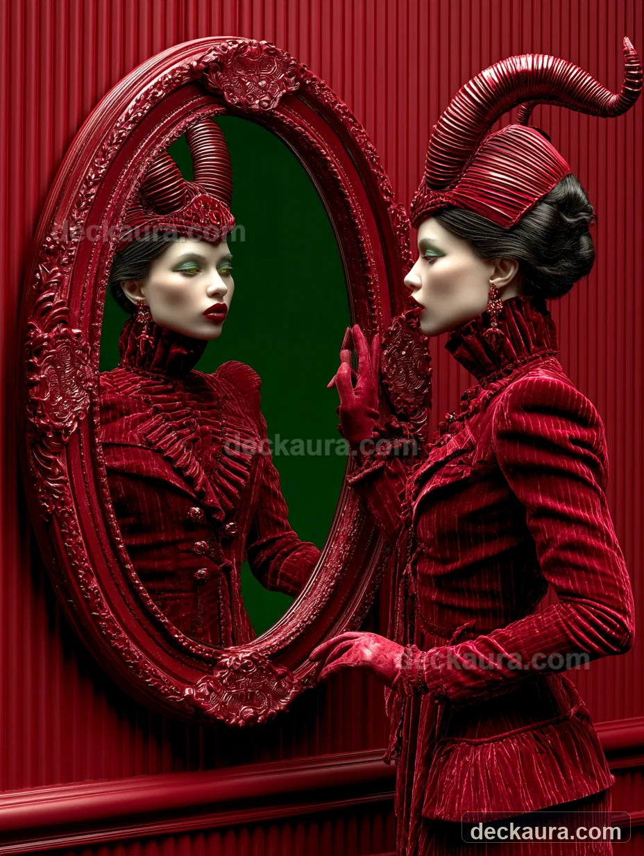A horned woman in crimson velvet confronting her reflection in an ornate red mirror