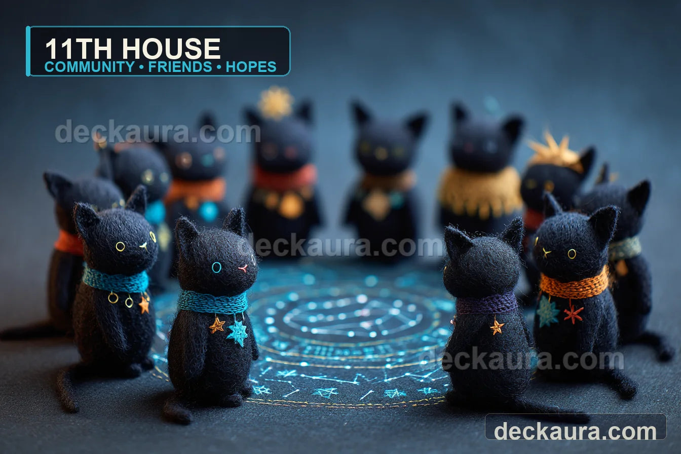 A circle of handcrafted black felt cats gathers around a glowing constellation map wearing colorful star scarves and friendship pins