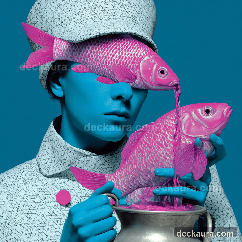 A blue Aquarius water bearer holding two pink Pisces fish above a silver urn