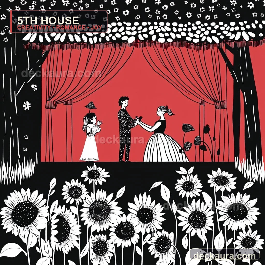 A bold red, black and white stage holds a family performance above a field of sunflowers