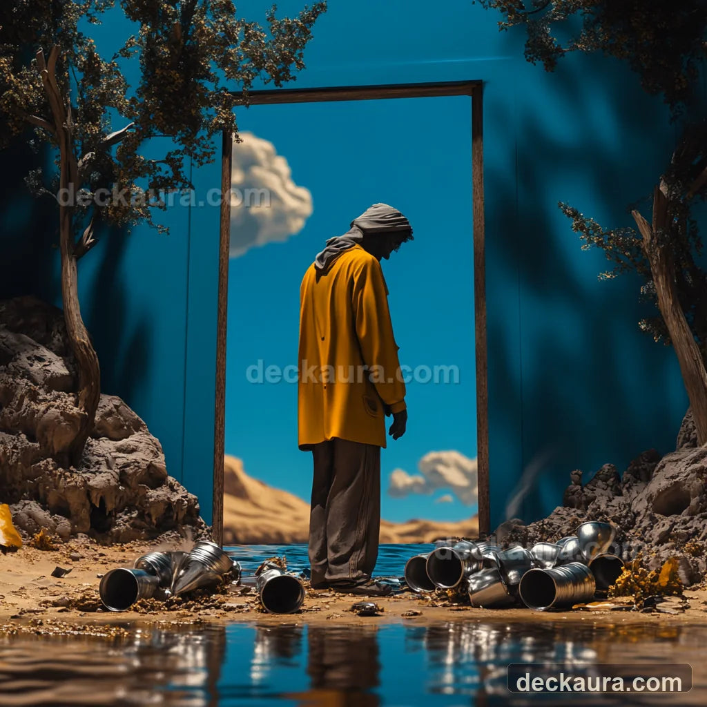 A solitary grieving figure beside fallen silver cups at a doorway opening to the sea