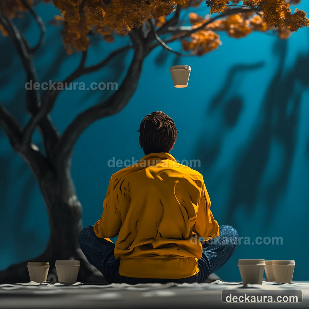 A seated figure turns away beneath a tree while one cup floats above three grounded cups