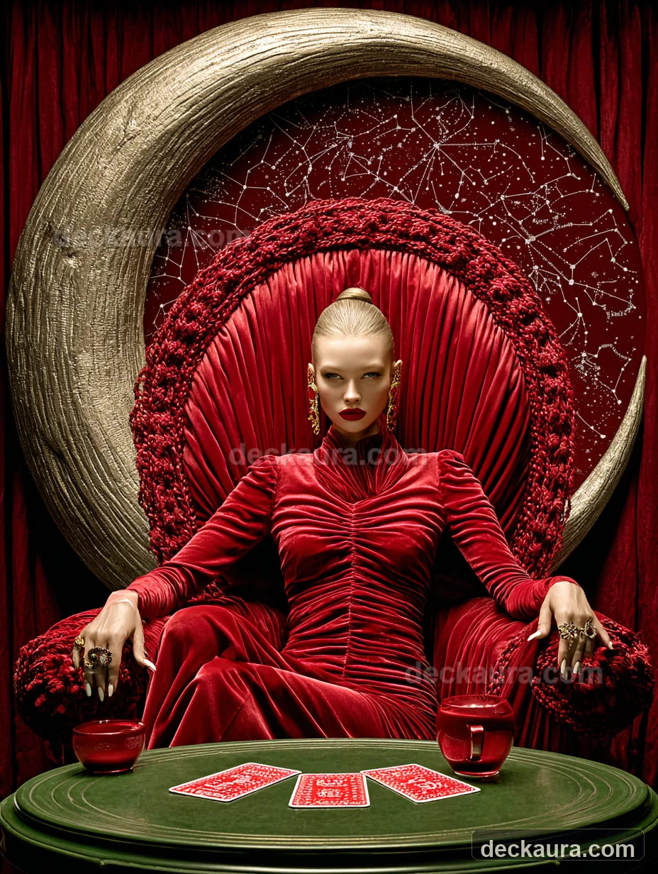 A mysterious velvet-clad tarot reader seated beneath a golden crescent moon