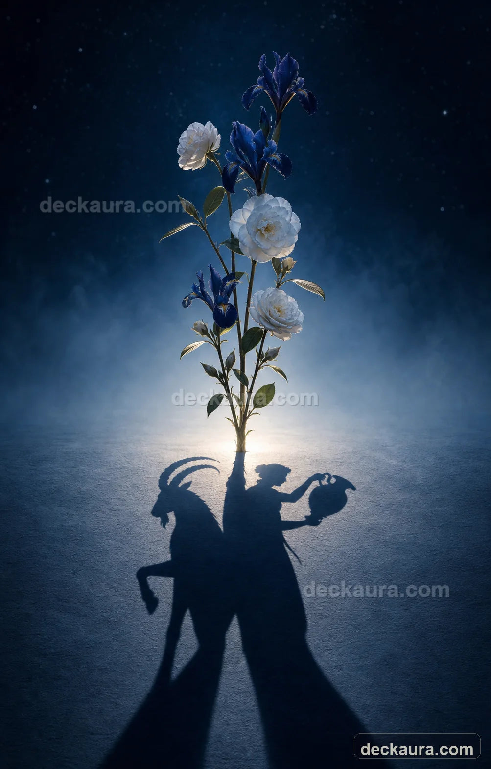 White and blue winter flowers casting the shadow of a Capricorn goat and Aquarius water bearer